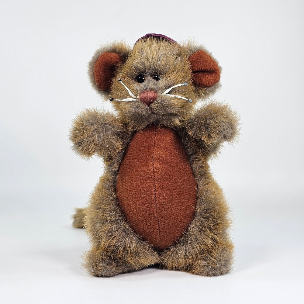 Vintage Ganz Cottage Collectibles Mouse Plush Shaggy Brown Fur Purple Hat 6.5 in